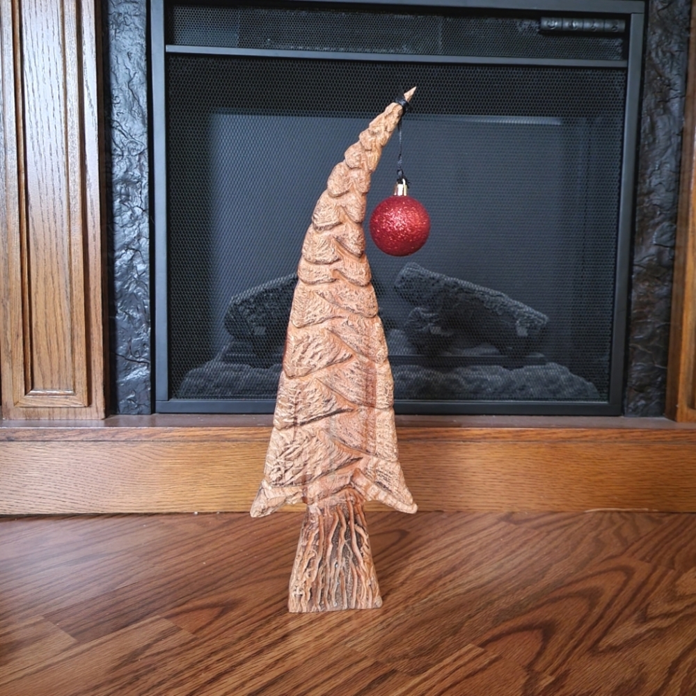 Dr Seuss Tree Carved Grinch Wood Christmas Tree Red Glitter Bulb Leaning Top 16"